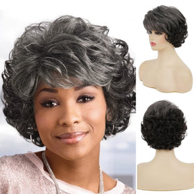 Sallcks short curly grey wig front view showing natural movement for daily wear