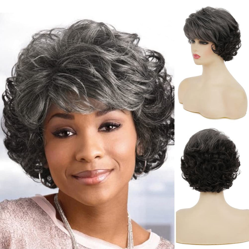 Sallcks short curly grey wig front view showing natural movement for daily wear