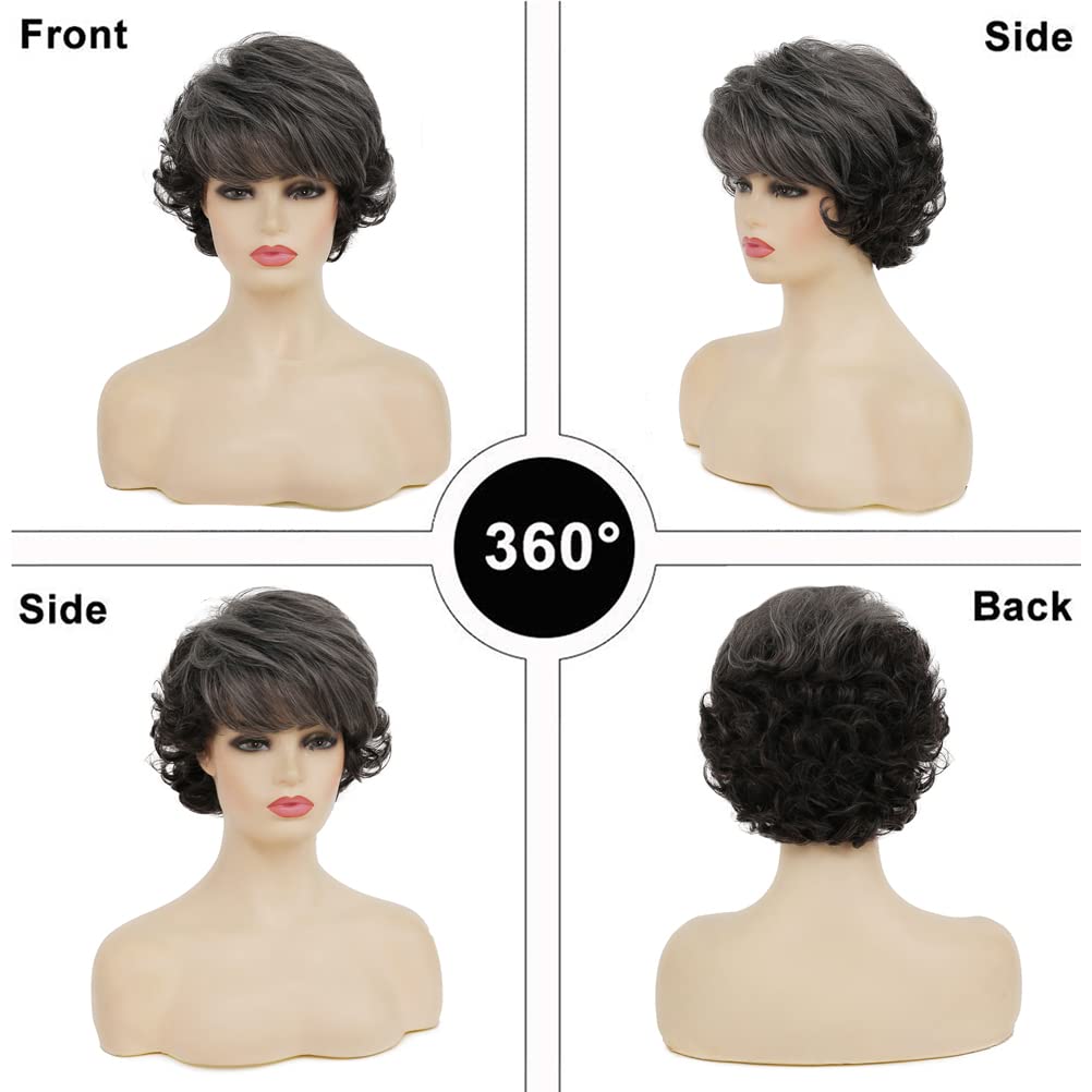Sallcks short curly grey wig side view highlighting seamless ombre and comfort