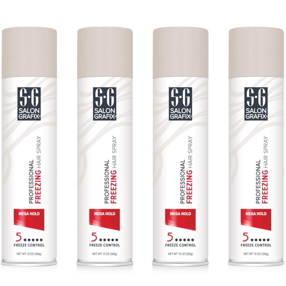 Salon Grafix Mega Hold Freezing Spray bottle demonstrates quick-drying, long-lasting hold.