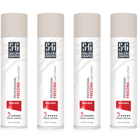 Salon Grafix Mega Hold Freezing Spray bottle demonstrates quick-drying, long-lasting hold.