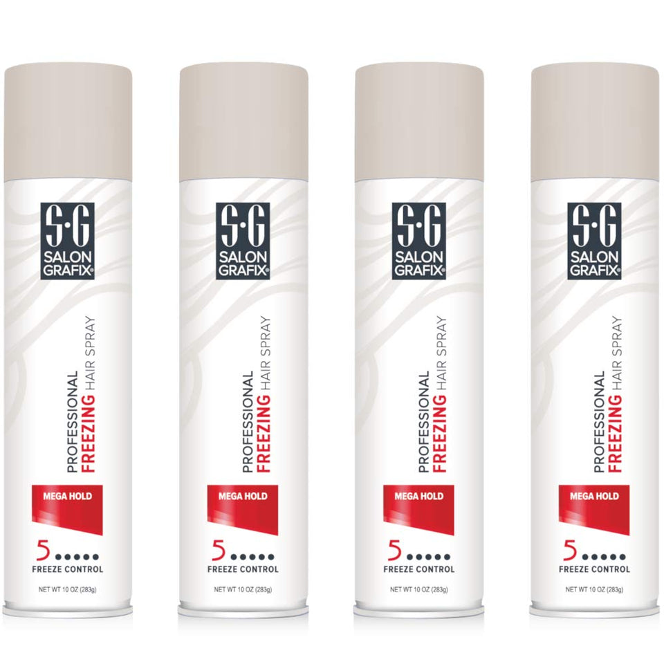 Salon Grafix Mega Hold Freezing Spray bottle demonstrates quick-drying, long-lasting hold.