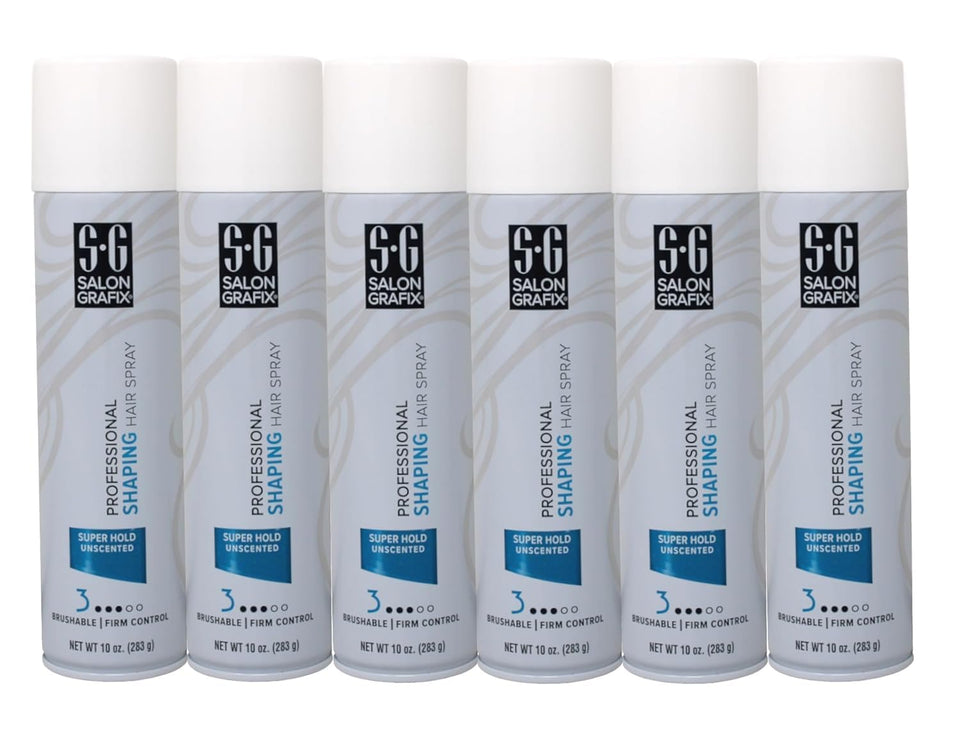 Salon Grafix Shaping Hair Spray bottle showcases fragrance-free, flexible hold.