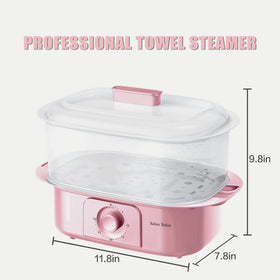 Salon Señor pink towel steamer heating towels to 185°F in 10-15 minutes for swift warmth