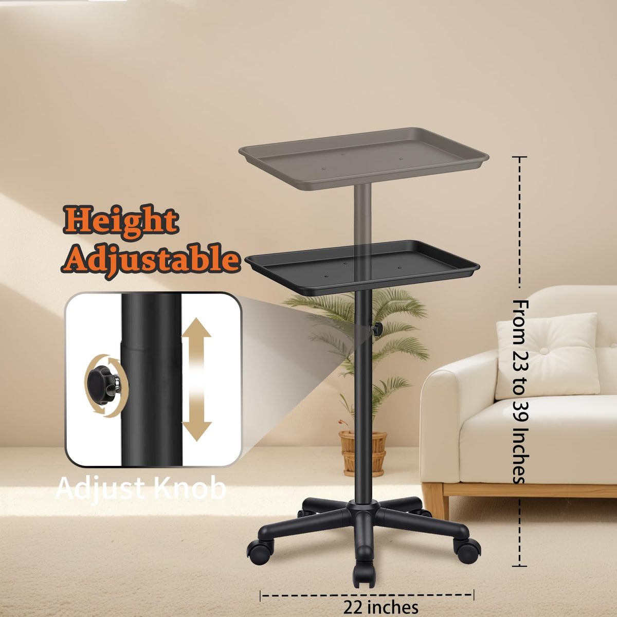 Salon Señor salon tray on wheels front view highlighting sturdy iron frame