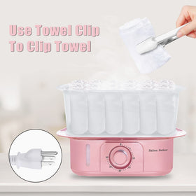 Salon Señor pink towel steamer showing side water-fill ports for easy refills during operation