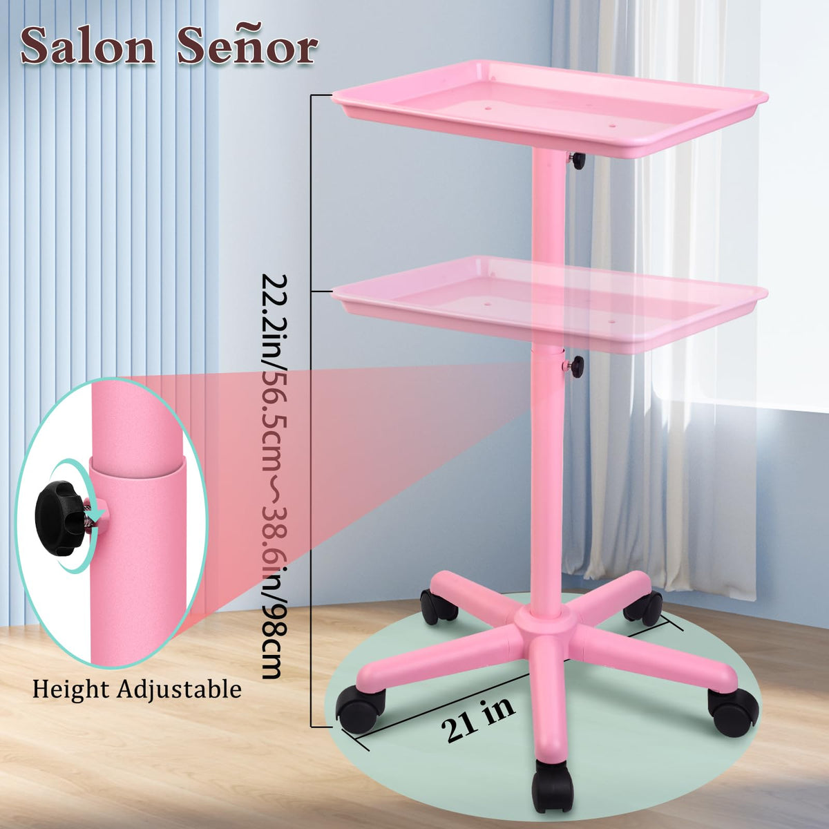 Salon Señor pink tray with five casters offers smooth 360-degree mobility.