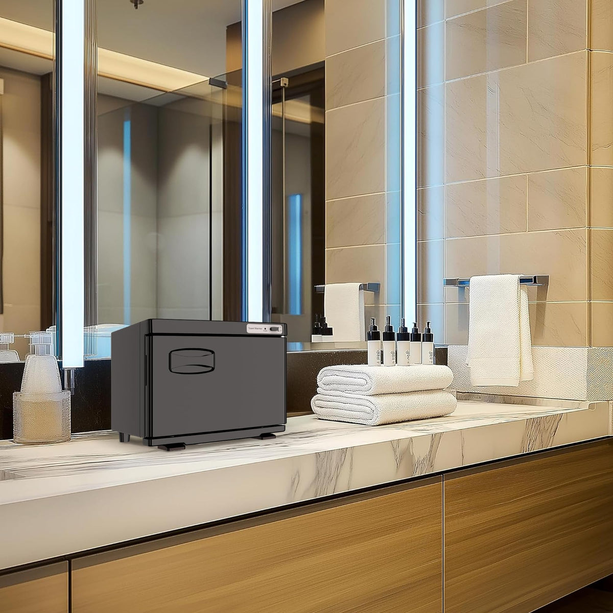 SalonDepot hot towel warmer compact design shown in packaging for easy purchase