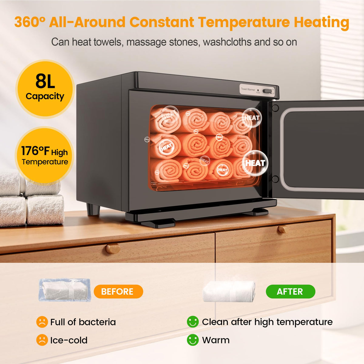 SalonDepot hot towel warmer front view highlighting compact design for salons