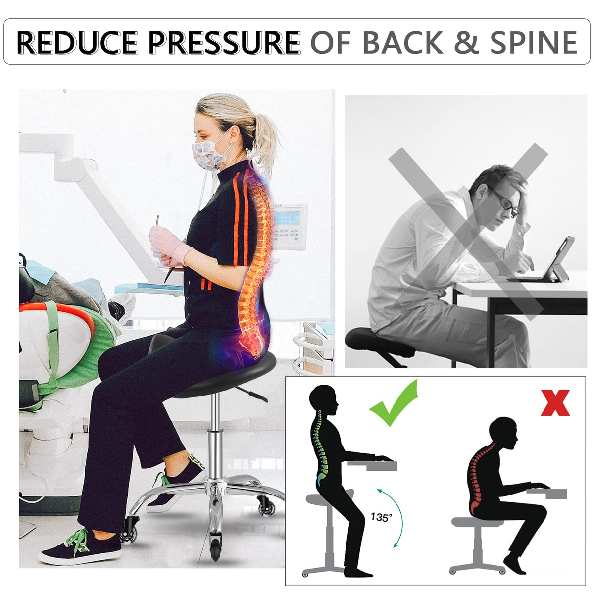 SALONFACTORY saddle stool silent casters protect floors and move quietly