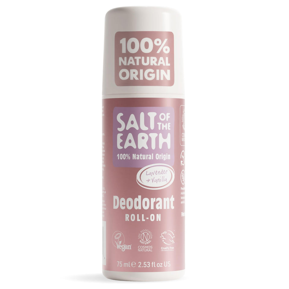 Salt of the Earth lavender-vanilla roll-on bottle emphasizing natural ingredients for daily freshness.