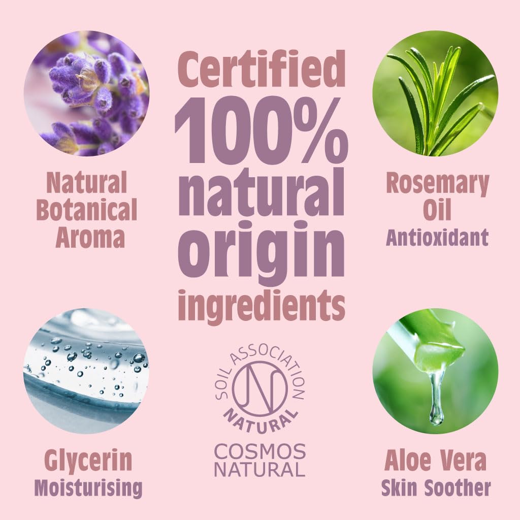 Salt of the Earth lavender-vanilla ingredients graphic emphasizing COSMOS Natural certification.