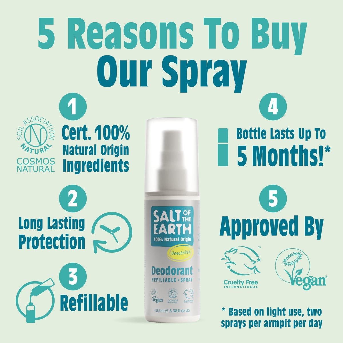 Salt Of the Earth unscented deodorant spray mist application for smooth, even coverage.