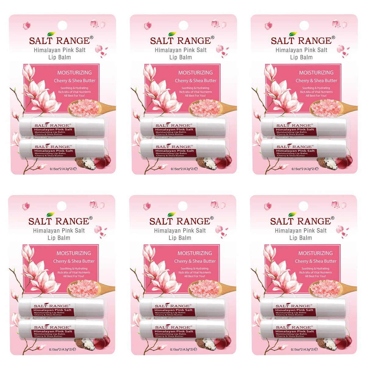 Salt Range lip balm tube with cherry and shea butter for soft lips.