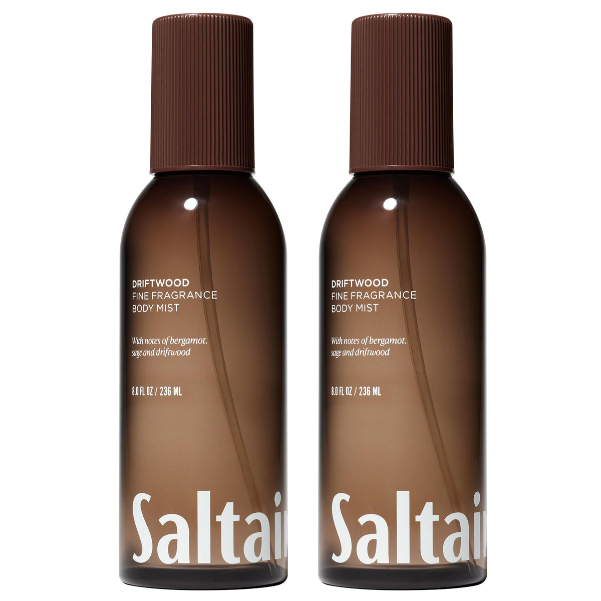 Saltair Driftwood Body Mist bottle front view, highlighting long-lasting coastal fragrance.