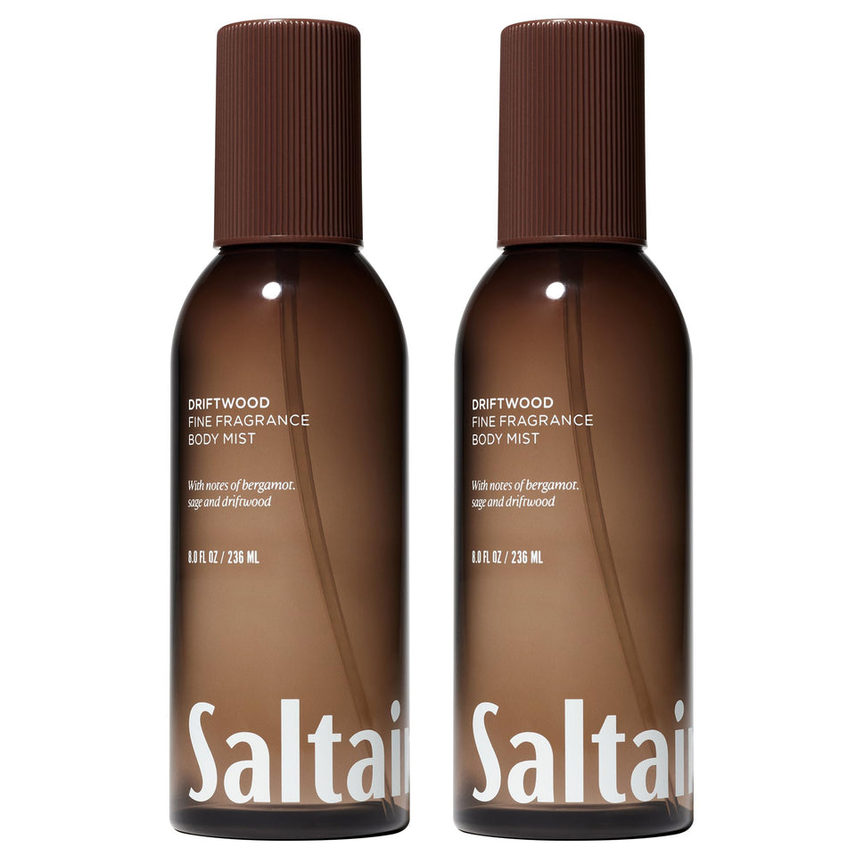 Saltair Driftwood Body Mist bottle front view, highlighting long-lasting coastal fragrance.
