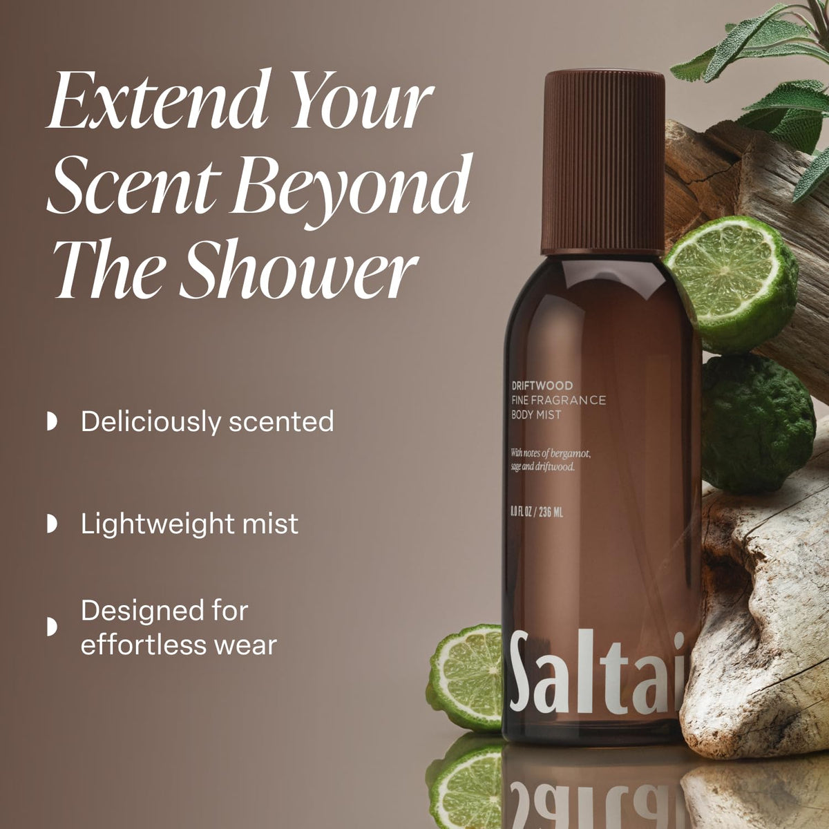Saltair Driftwood Body Mist bottle side view shows compact, travel-friendly packaging.