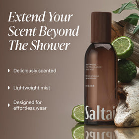 Saltair Driftwood Body Mist bottle side view shows compact, travel-friendly packaging.