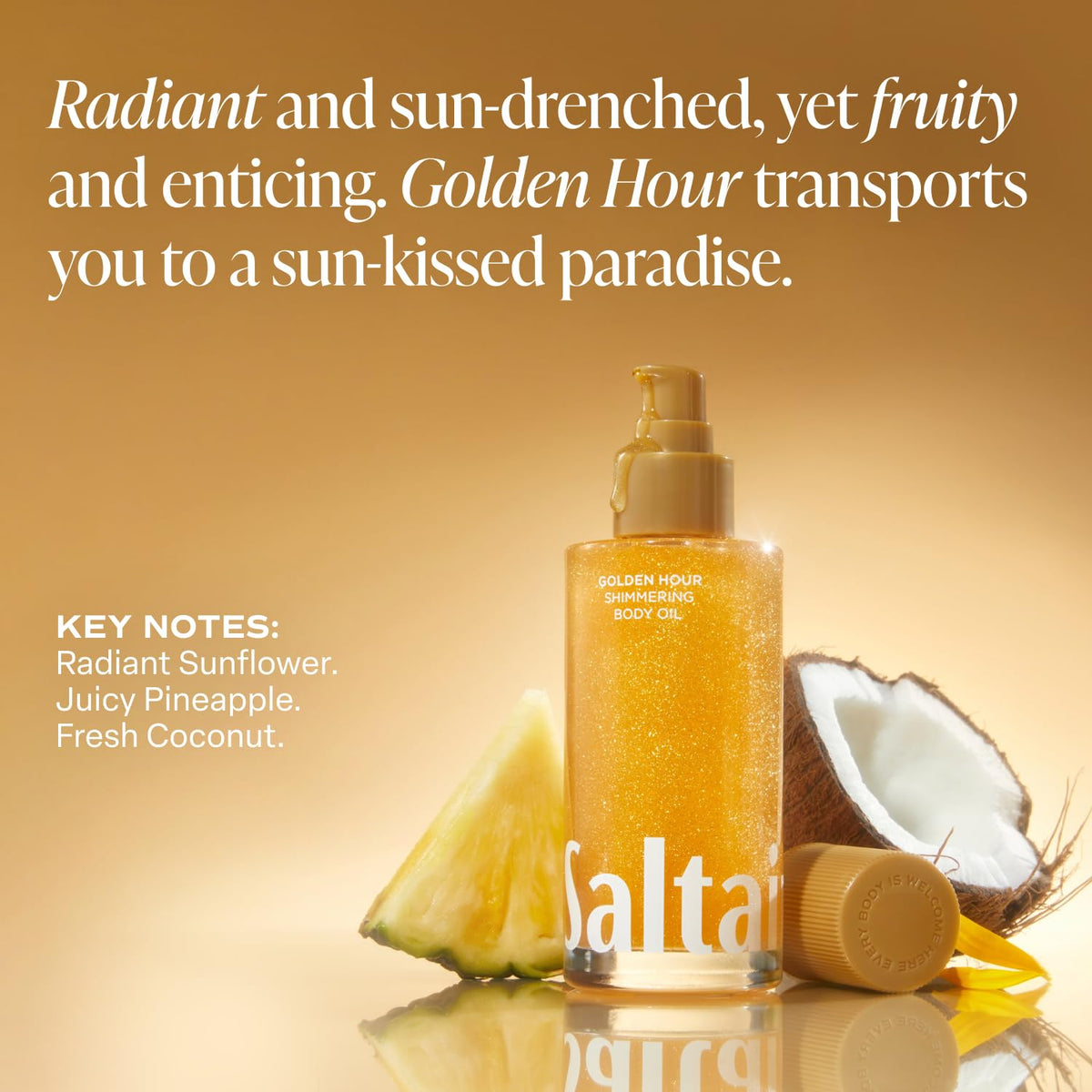 Saltair Shimmering tropical scent bottle evokes Golden Hour vibes.