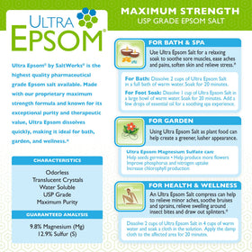 SaltWorks Ultra Epsom Bath Salt dissolves quickly for bath or scrub use.