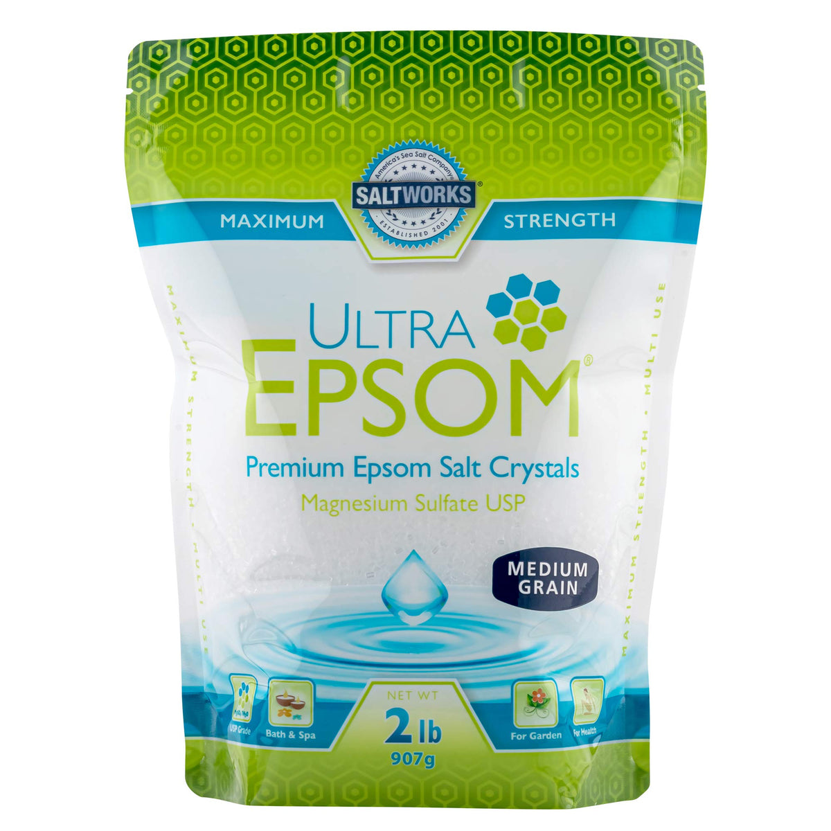 SaltWorks Ultra Epsom Bath Salt, medium grain, ideal for relaxing soaks.