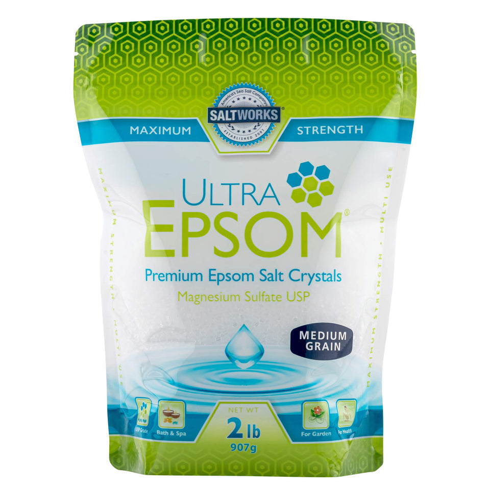 SaltWorks Ultra Epsom Bath Salt, medium grain, ideal for relaxing soaks.