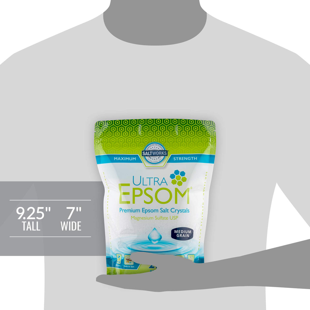 SaltWorks Ultra Epsom Salt packaging and bottle for bulk purchases.