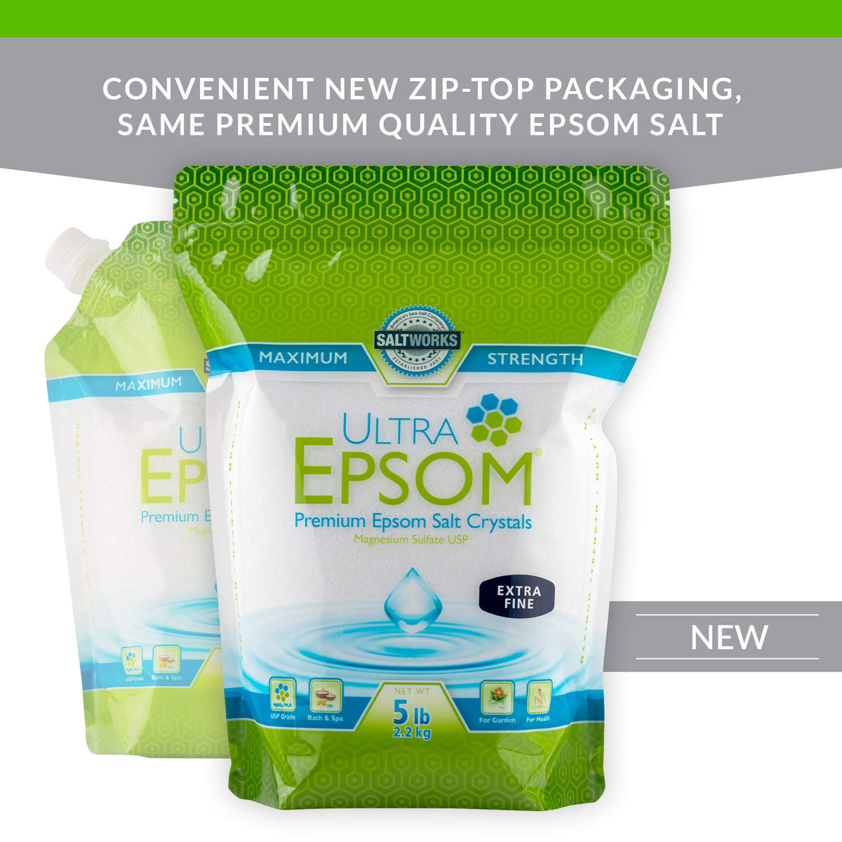 SaltWorks Ultra Epsom household cleaning use for scrubs and deodorizing.