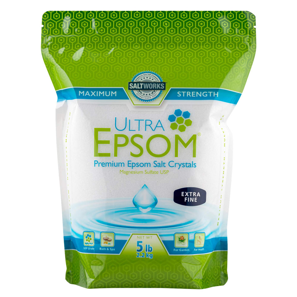 SaltWorks Ultra Epsom unscented bath salt bag for relaxing soaks.