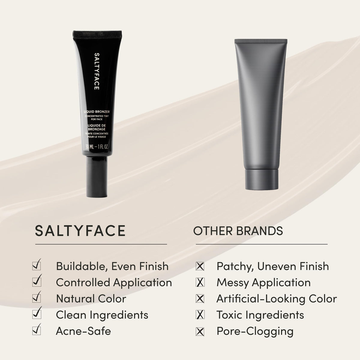 SALTYFACE Liquid Bronzer mixed into foundation for seamless bronze.
