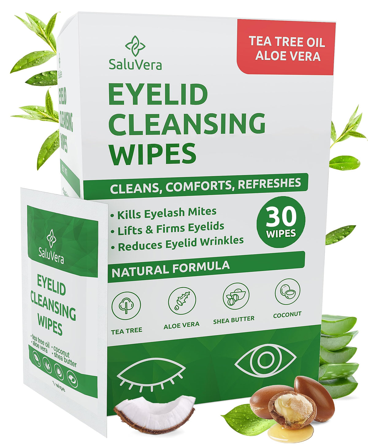 SaluVera Eyelid Wipes packaging close-up for easy on-the-go cleansing.