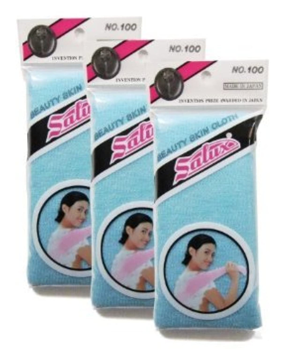 SALUX blue nylon wash cloth full view highlighting extra-long length for thorough cleansing.