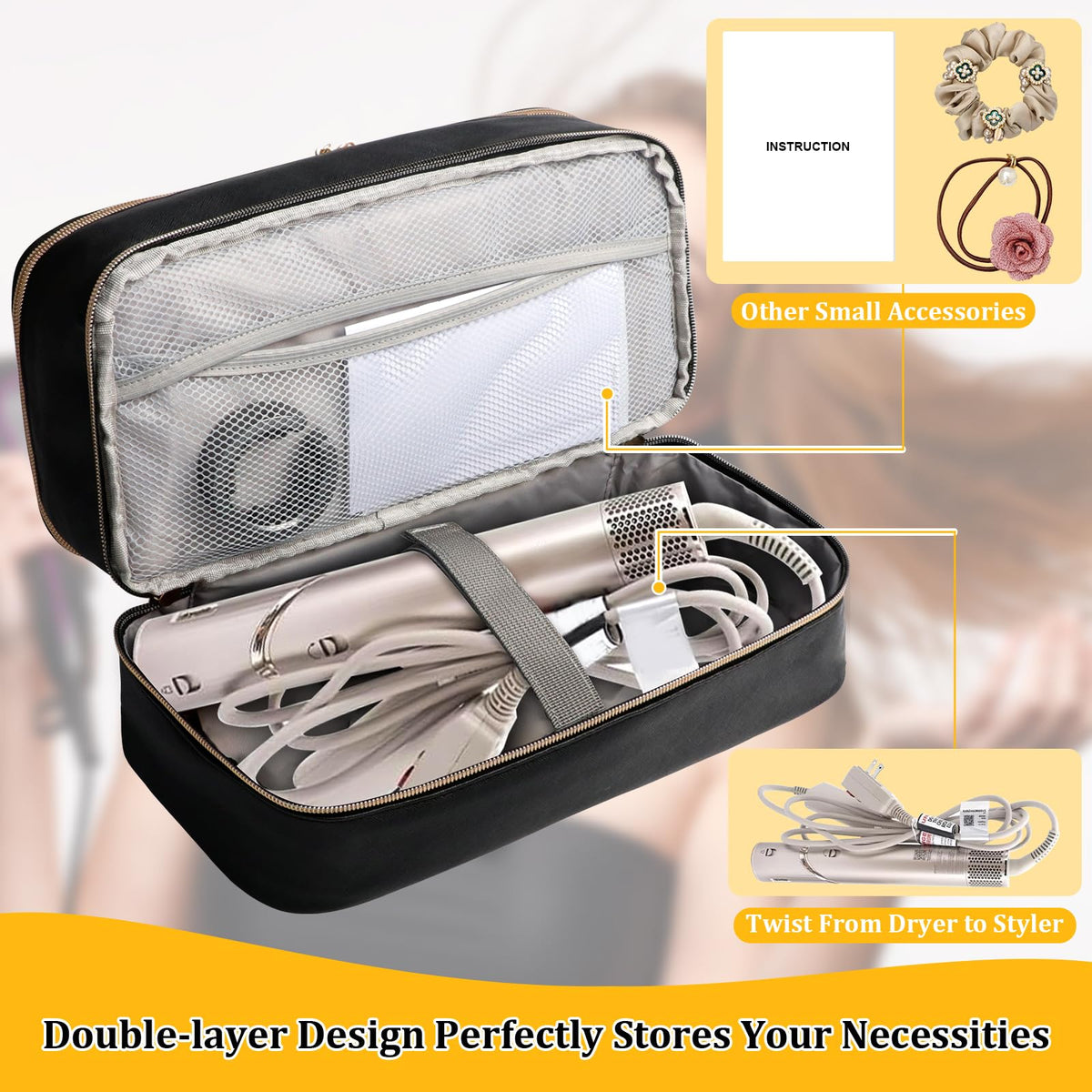 Sambois travel case inner compartments organizing dryer and attachments.