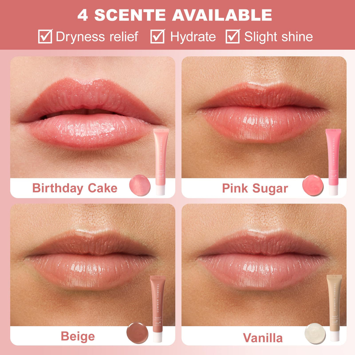 Samfeel Beige tint lip butter swatch for versatile, everyday look.