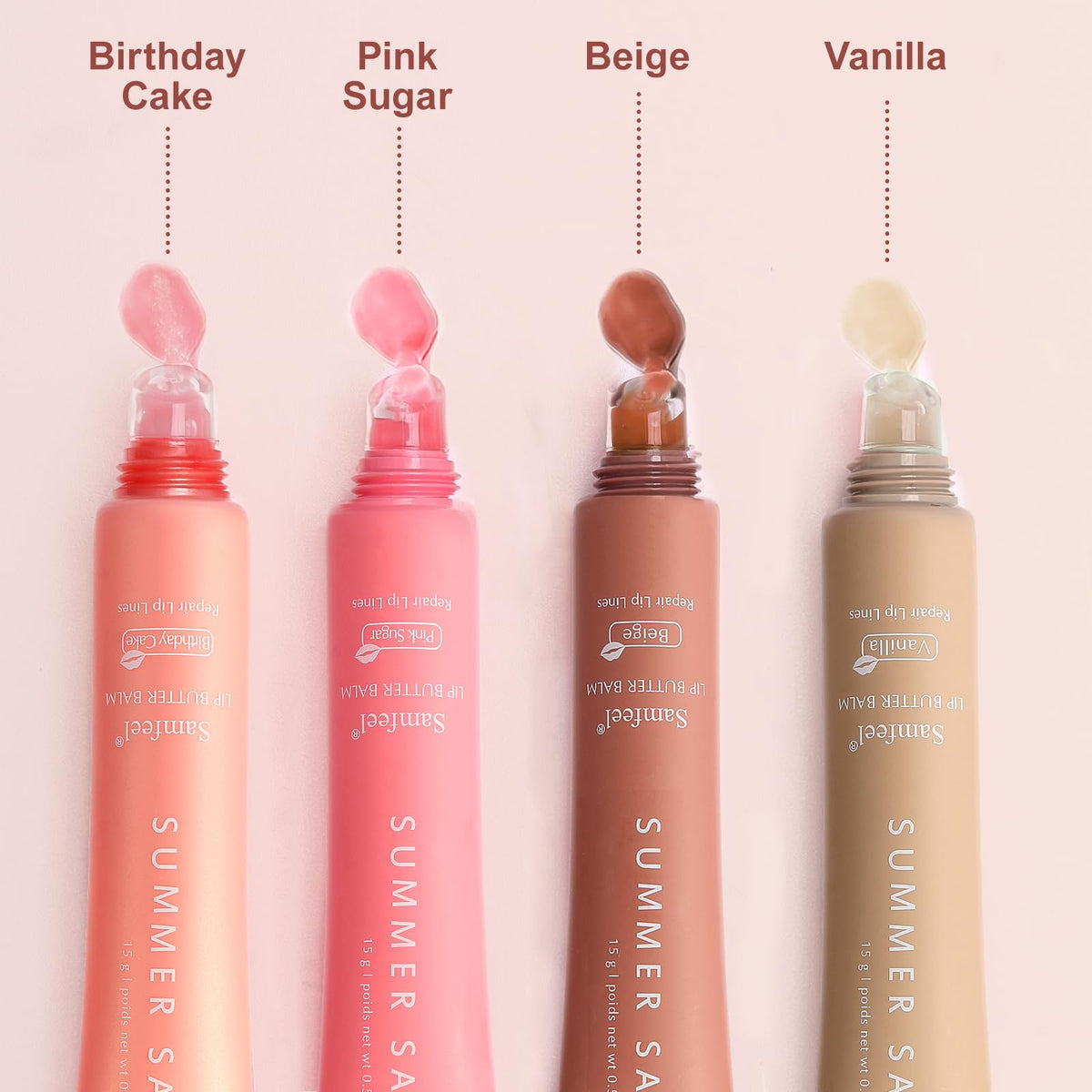 Samfeel Pink Sugar tint lip butter swatch with natural gloss and conditioning.