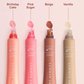 Samfeel Pink Sugar tint lip butter swatch with natural gloss and conditioning.