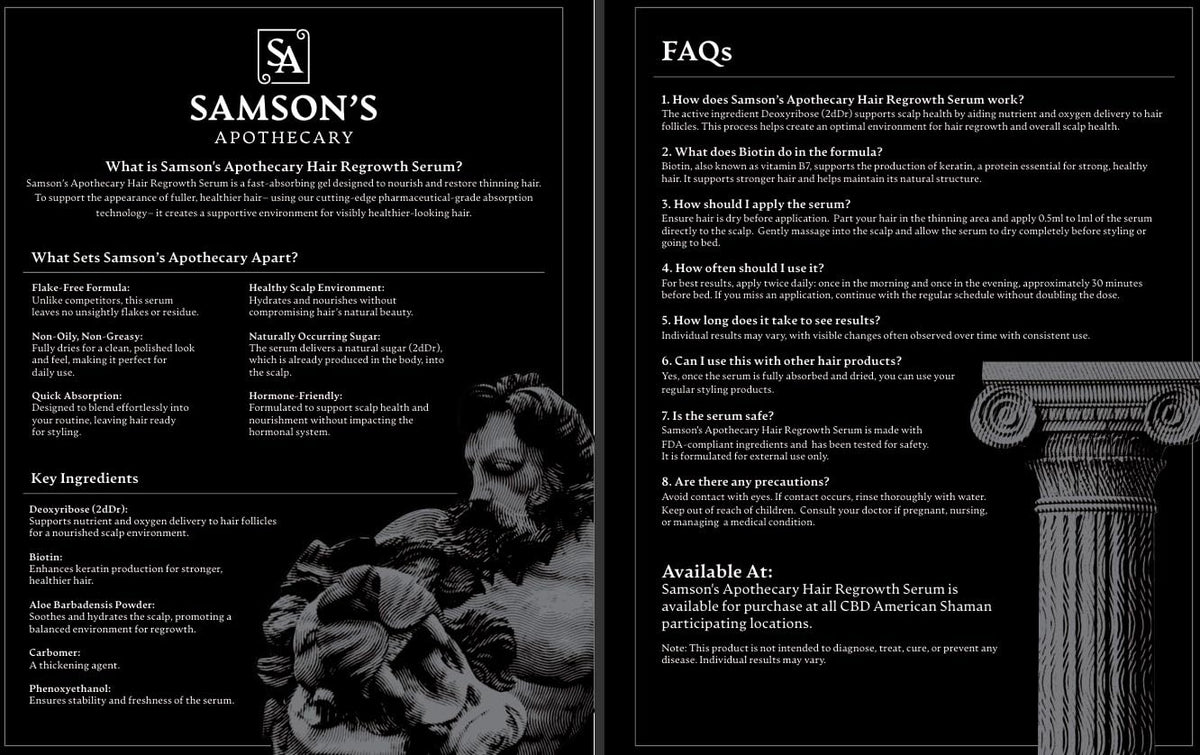 Samson's Apothecary 30ml bottle label showing hormone-friendly scalp care.