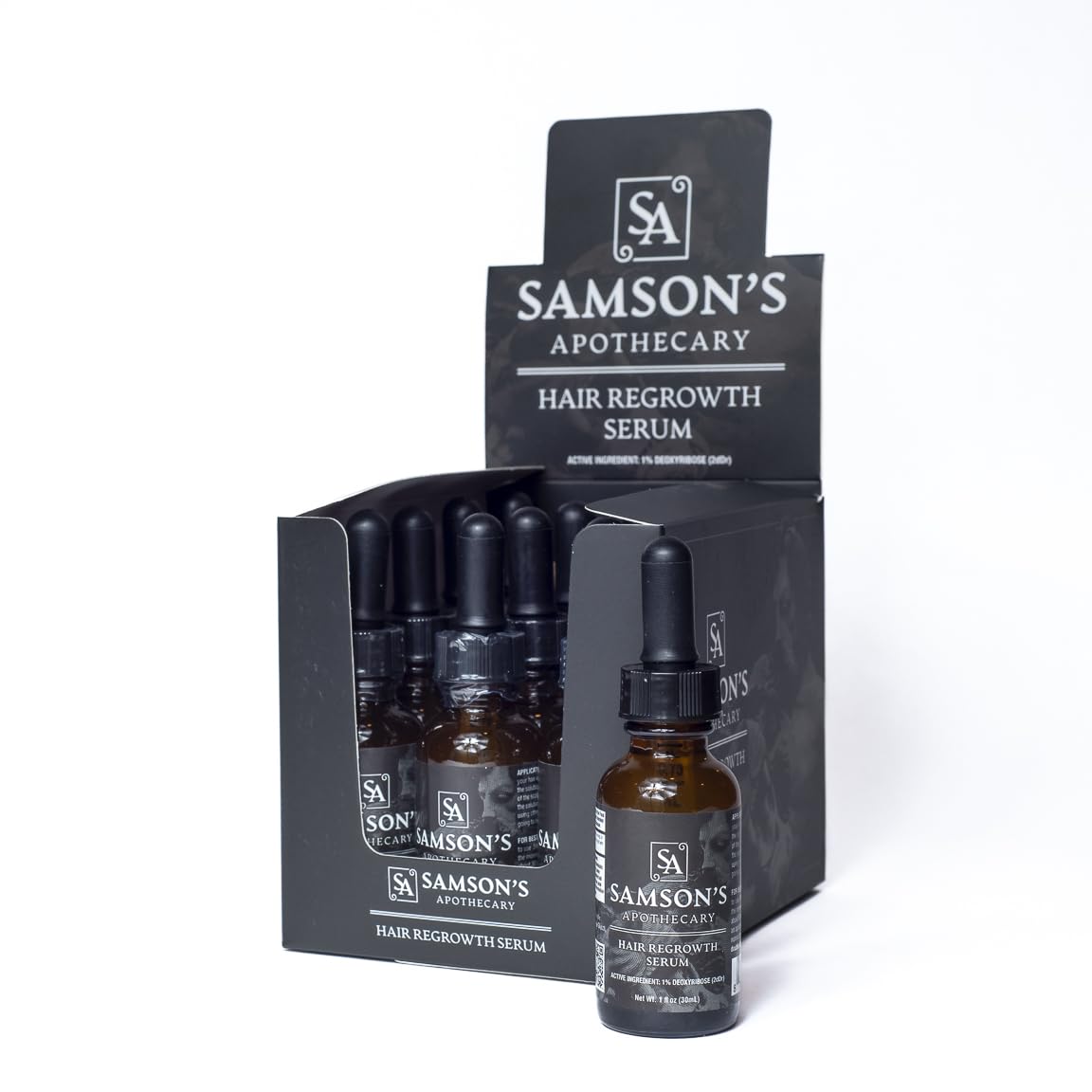 Samson's Apothecary hair regrowth serum bottle on a clean surface for daily scalp nourishment.