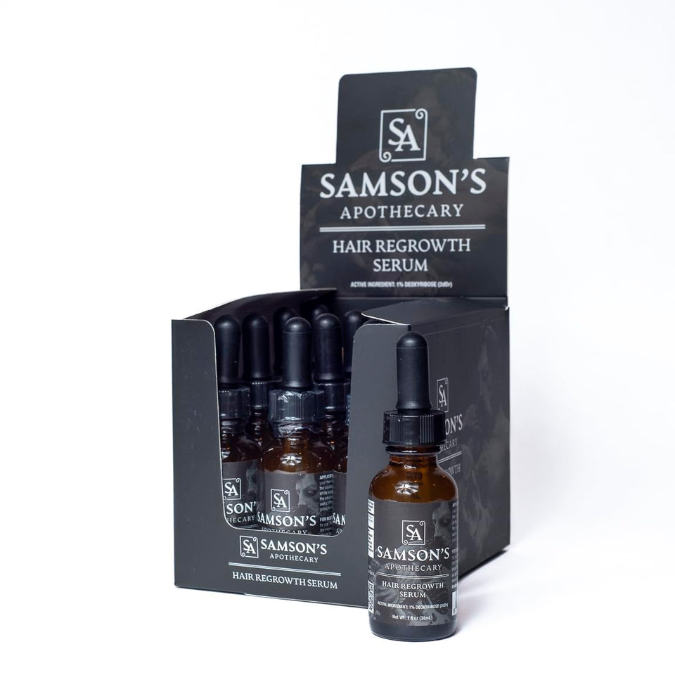 Samson's Apothecary hair regrowth serum bottle on a clean surface for daily scalp nourishment.