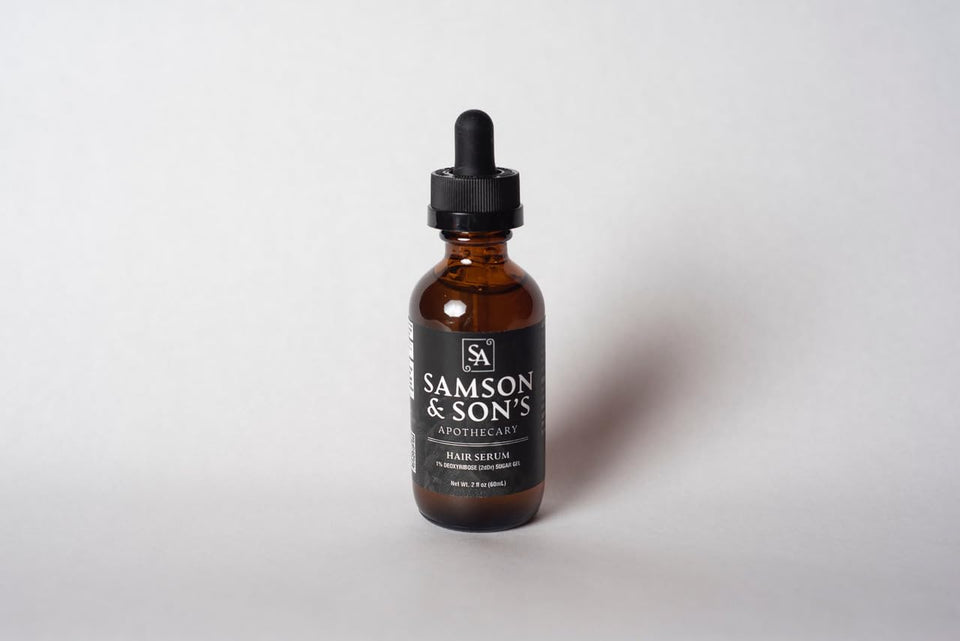 Samson's Apothecary Samson & Son's Hair Regrowth Serum bottle ready for daily scalp care.