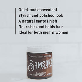 Hair styled with SAMSON'S HAIRCARE Matte Styling Cream showing natural matte finish.
