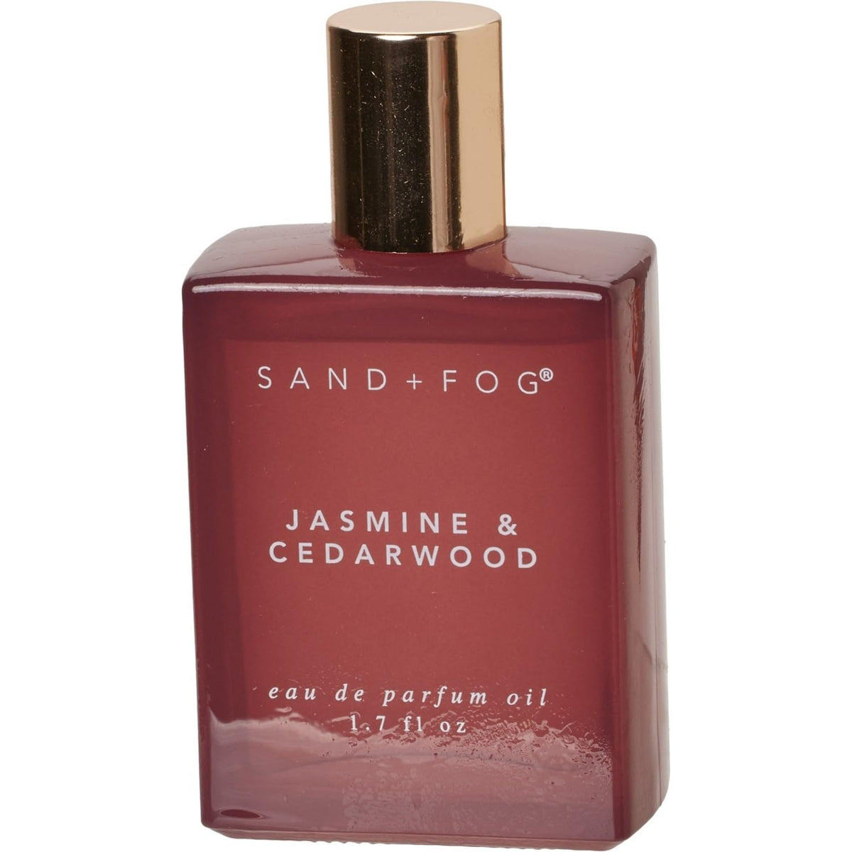 Sand + Fog Jasmine & Cedarwood bottle with burgundy glass, long-lasting fragrance for daily wear