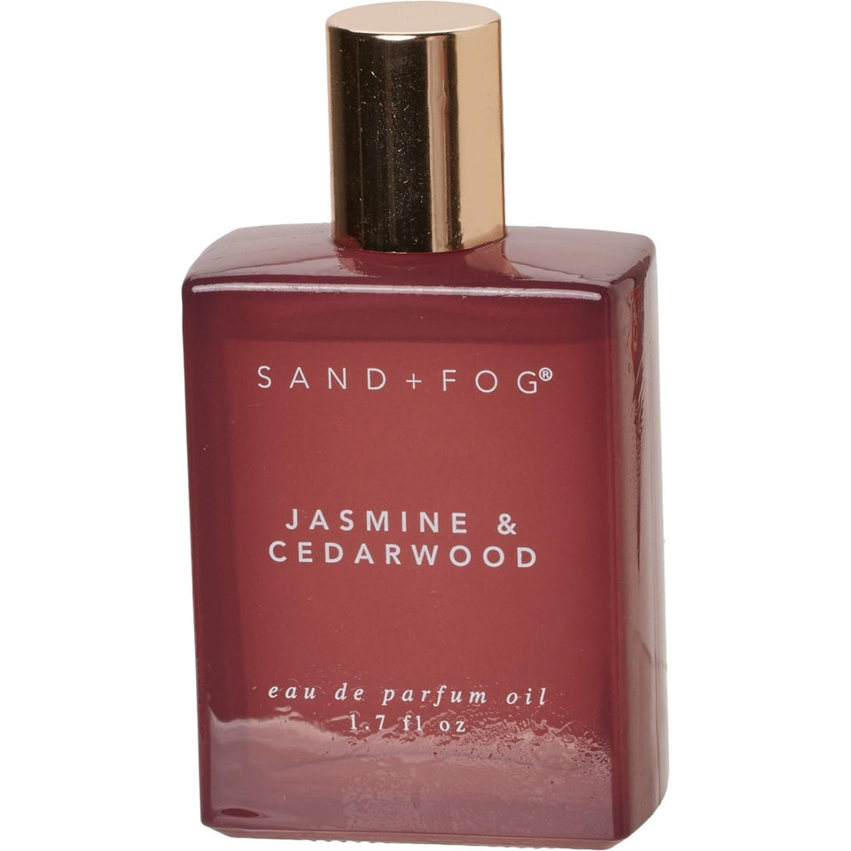 Sand + Fog Jasmine & Cedarwood bottle with burgundy glass, long-lasting fragrance for daily wear