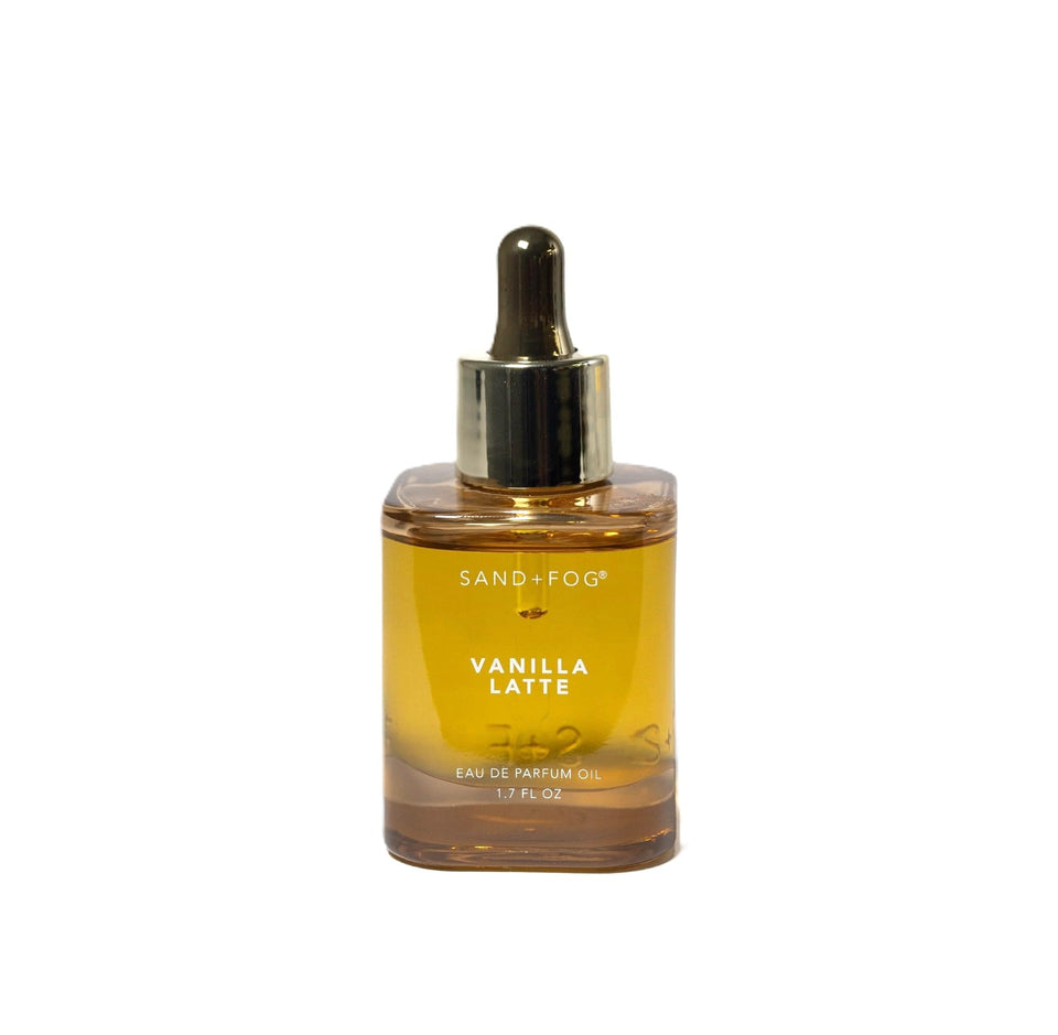 Sand + Fog Vanilla Latte bottle showcases a long-lasting gourmand fragrance for daily wear.