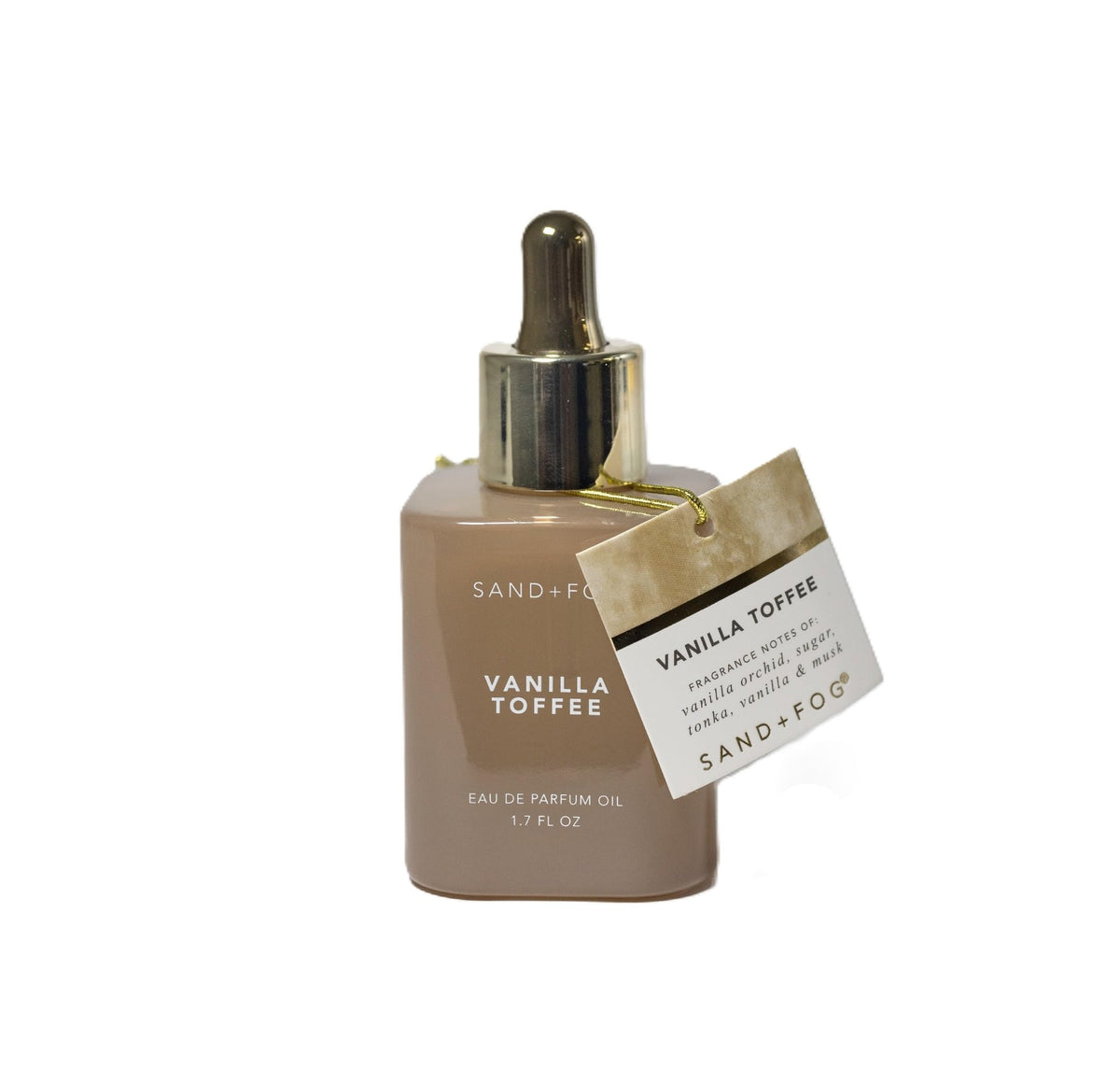 Sand + Fog Vanilla Toffee perfume oil dropper close-up for controlled scent application.