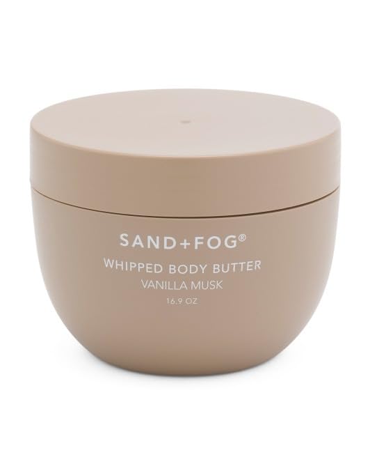 Sand + Fog whipped body butter jar with vanilla musk scent, for deep hydration.