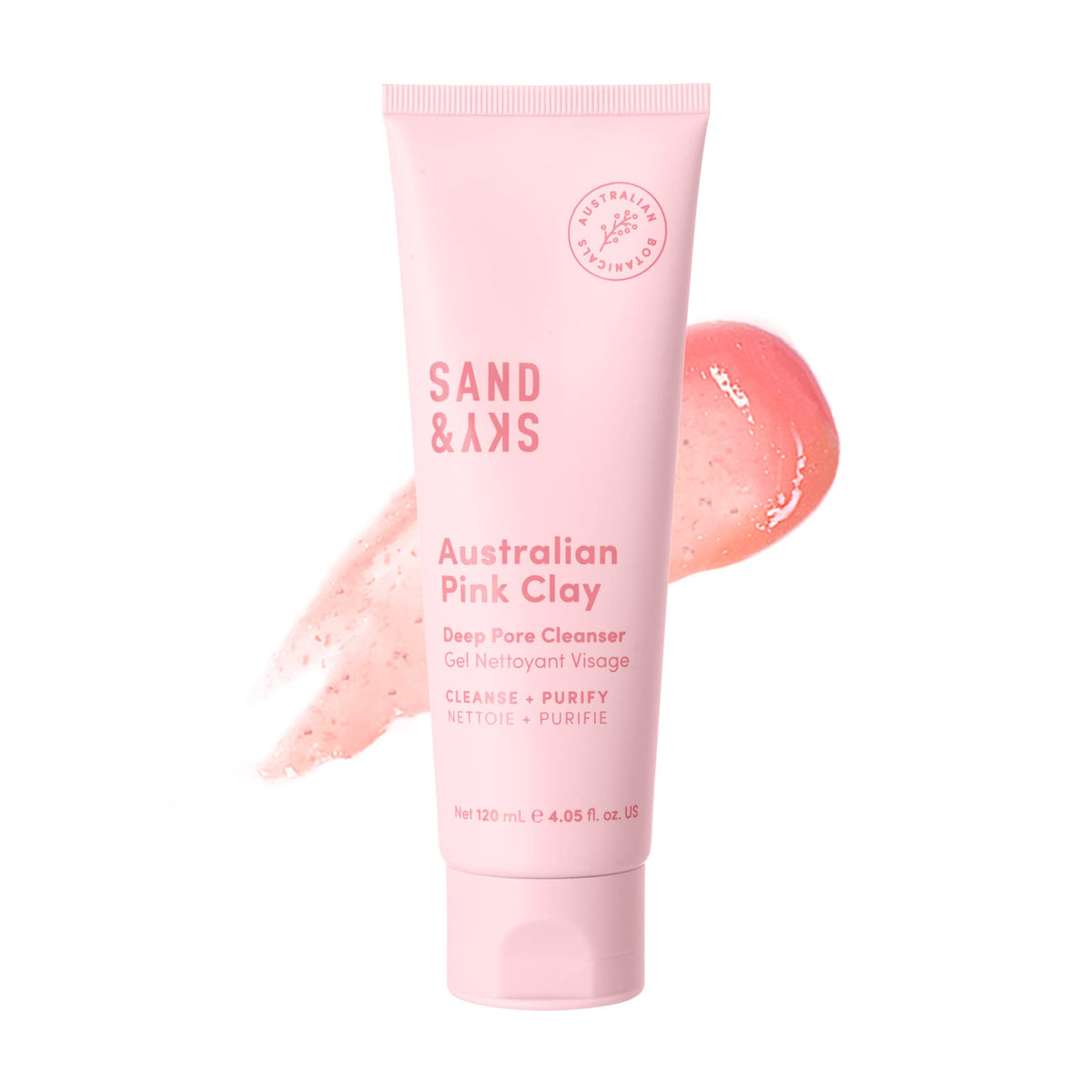 Sand & Sky Deep Pore Cleanser bottle with pink clay for refined pores and makeup removal.