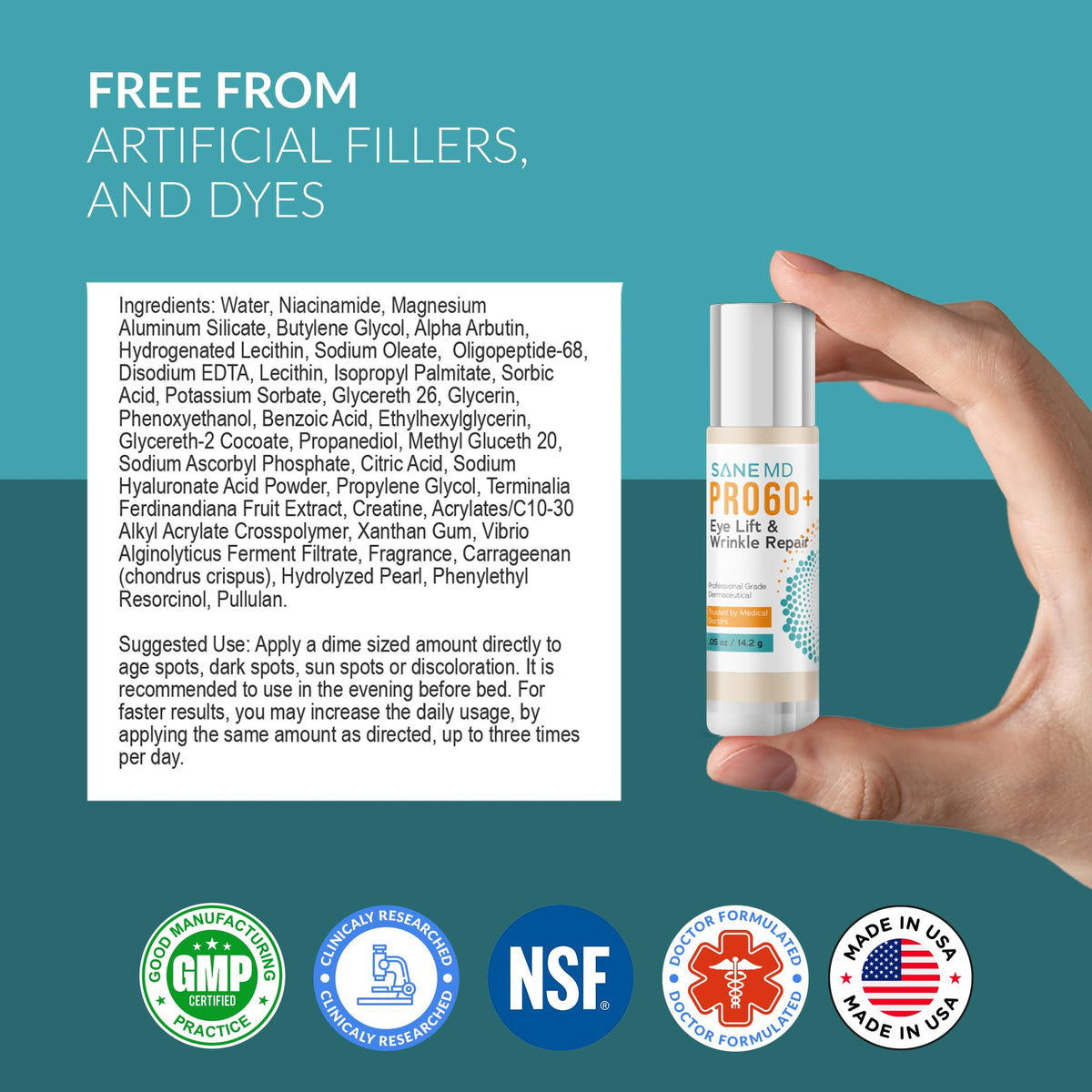 SANE MD PRO60+ eye cream dispenser in action for hydration