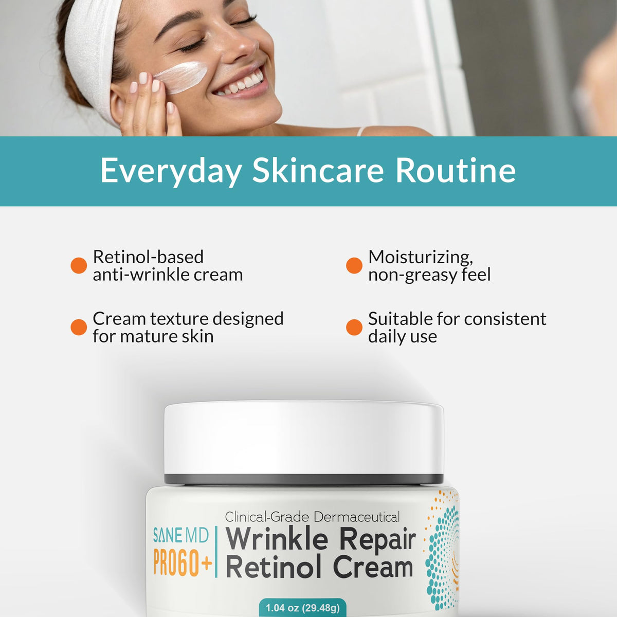 SANE MD Pro60 jar open reveals rich, smoothing cream for mature skin.