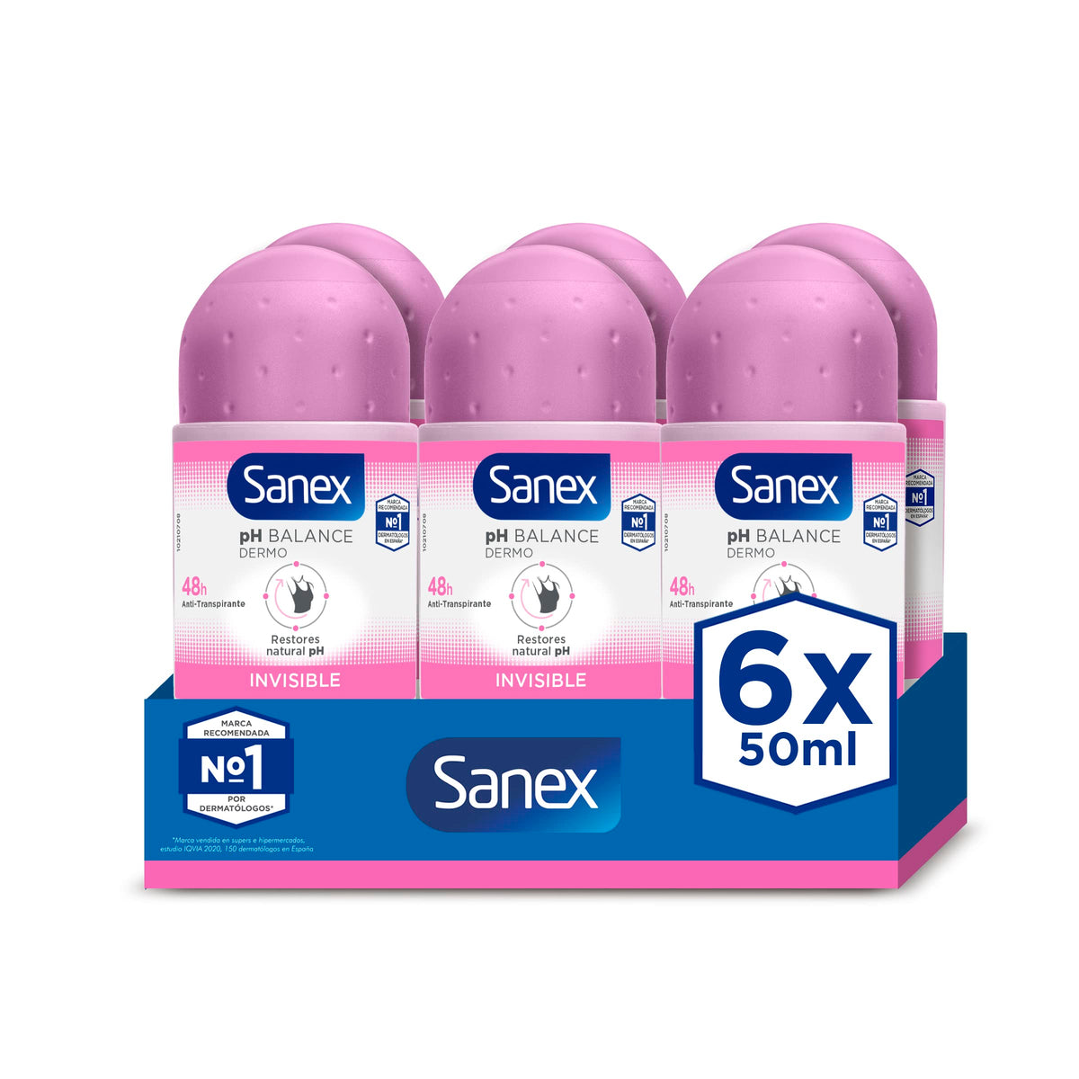 Sanex deodorant roll-on six-pack bottles show odor control with an invisible finish.